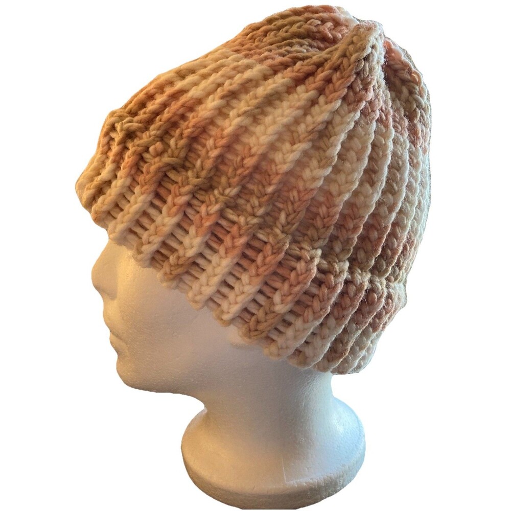Handmade chunky multicolor knit beanie hat for adults, cream pink, 8-inch size